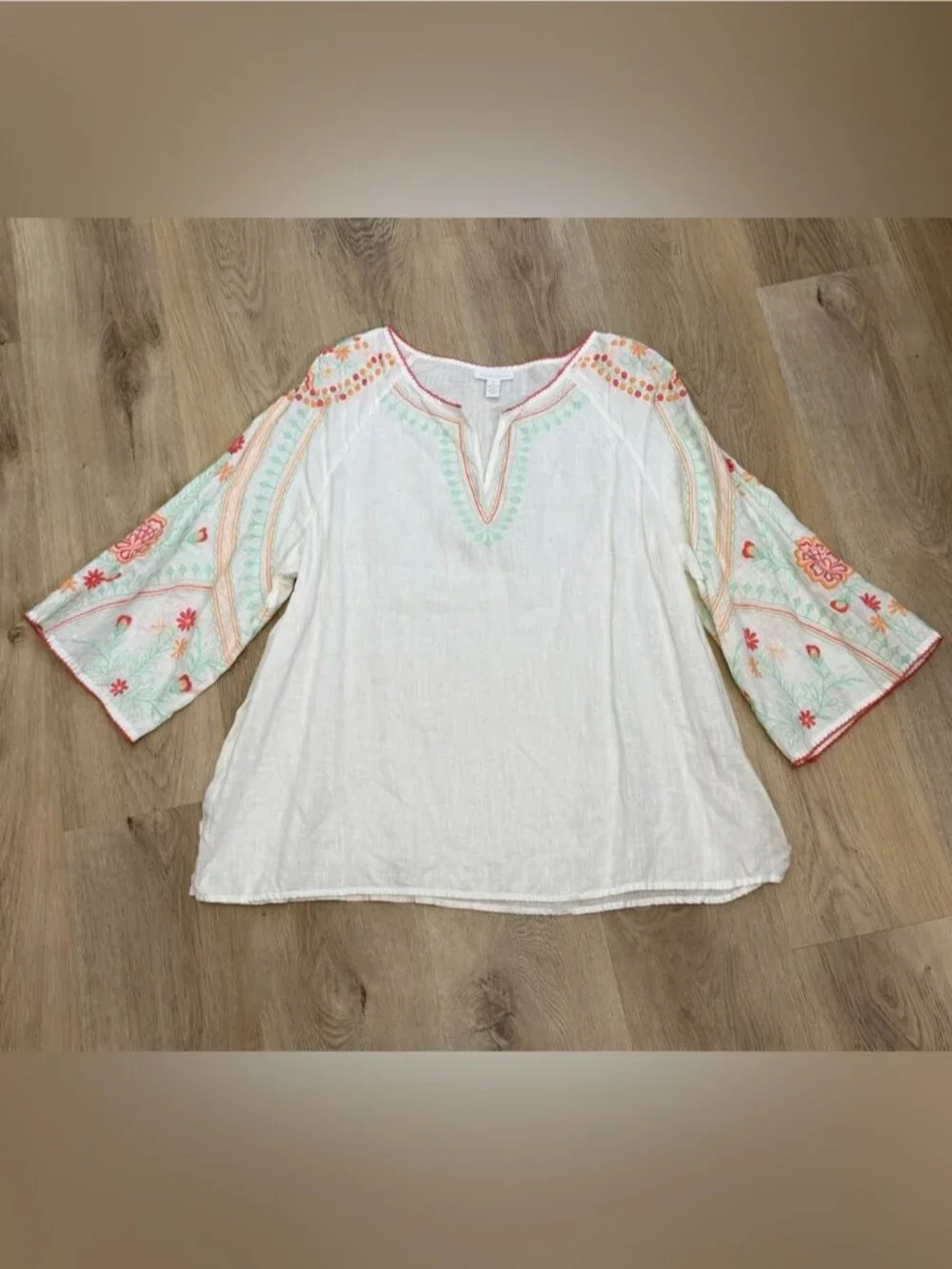 Embroidered Boho White Peasant Top with Mint & Coral Accents